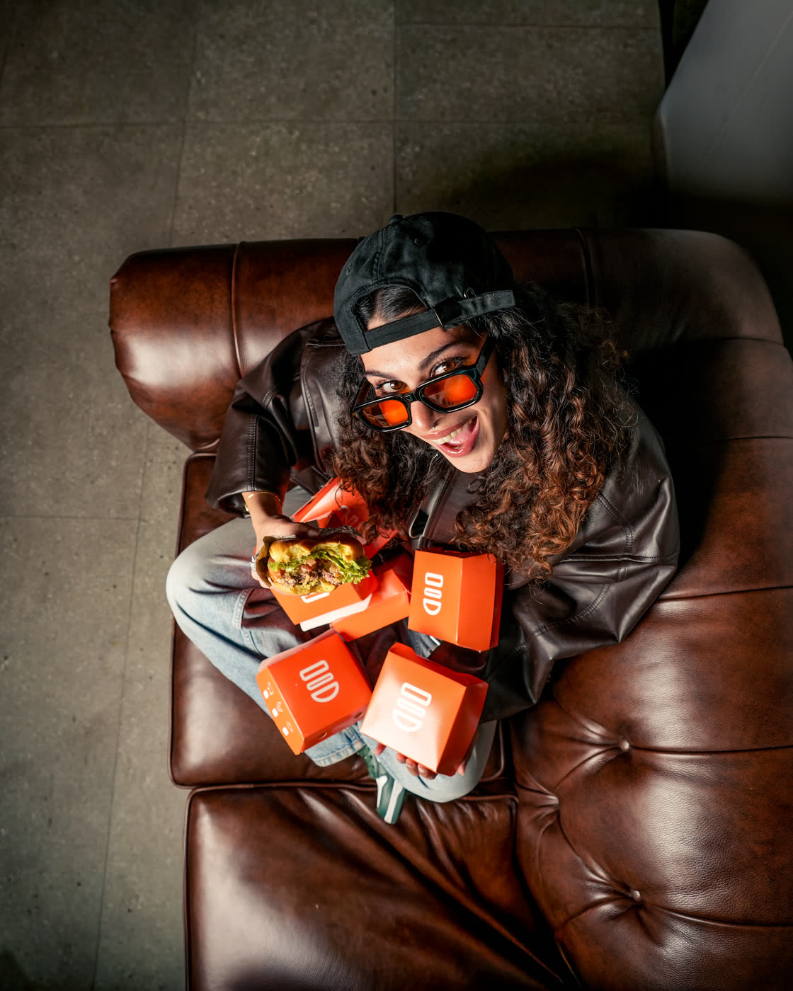Ray's Burger campaign, overhead, leather couch